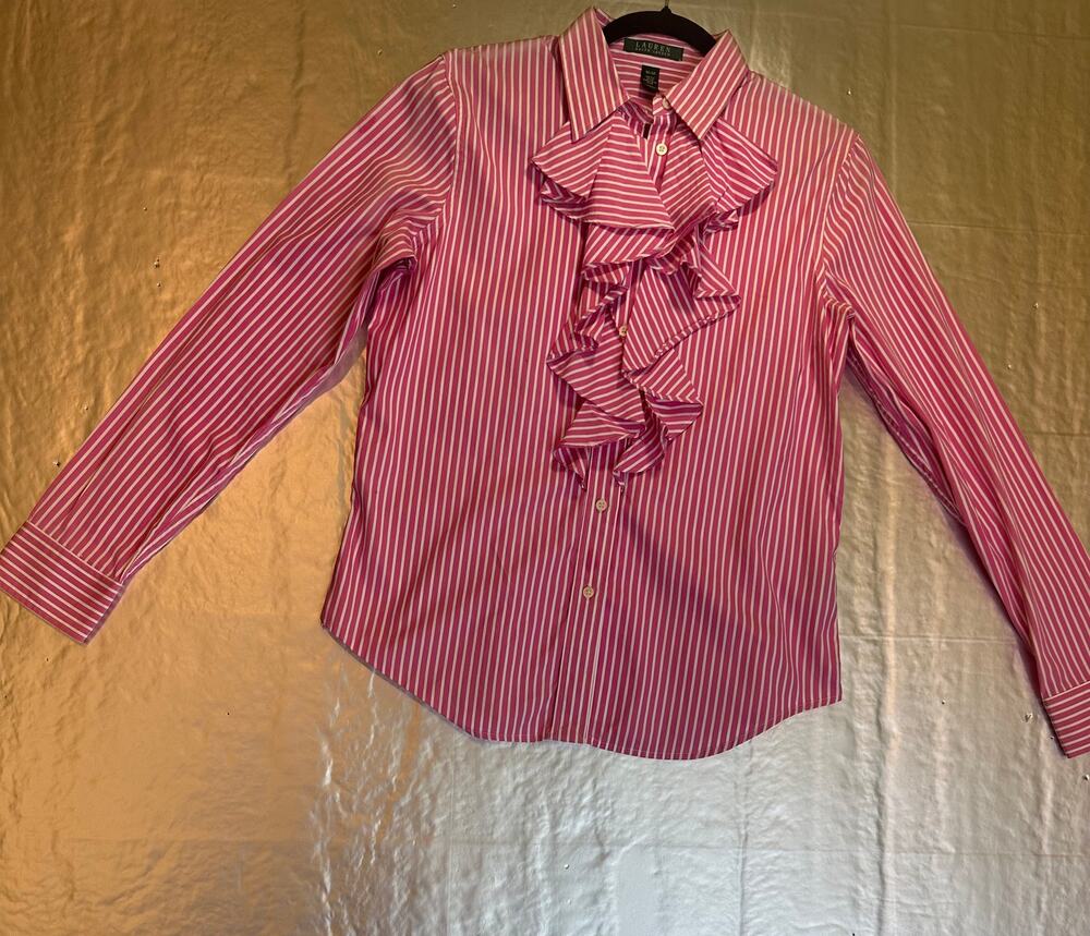 Lauren Ralph Lauren M Pink White Striped Ruffle Button Up Shirt